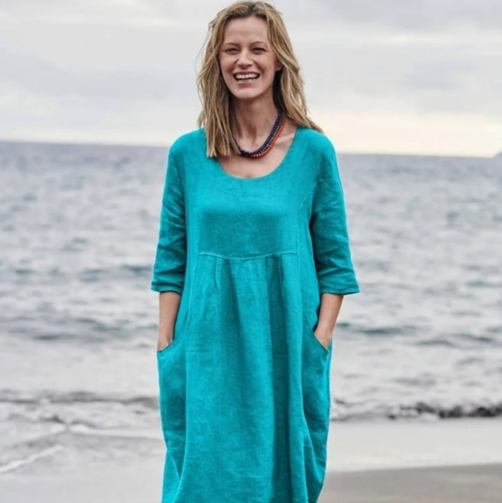 Woolovers linen midi dress in amazing blue